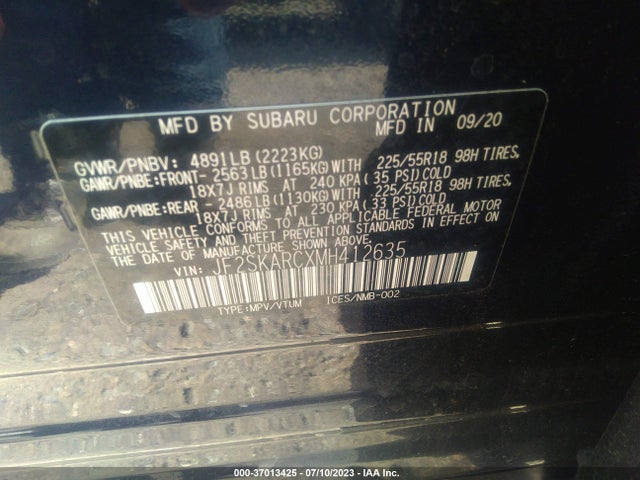 2021 SUBARU FORESTER SPORT VIN: JF2SKARCXMH412635