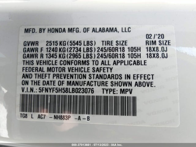 Honda Pilot Ex-l 2020 5FNYF5H58LB023076 Image 9
