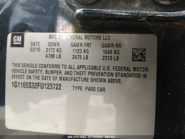 2015 CHEVROLET IMPALA LTZ VIN: 1G1165S32FU123722