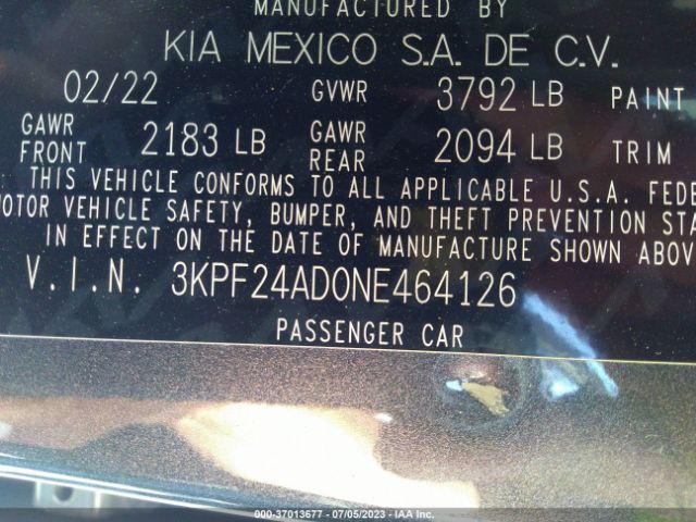 3KPF24AD0NE464126 KIA Forte Lxs