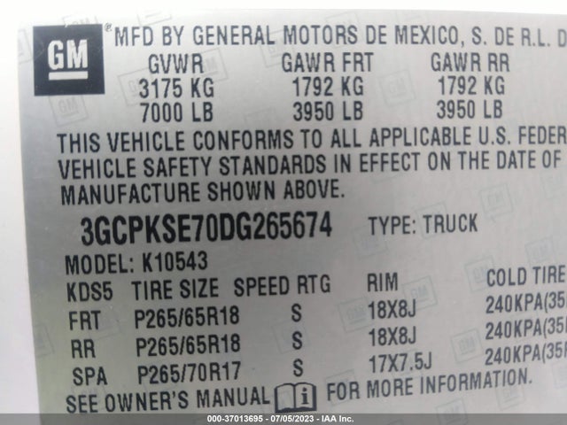 2013 CHEVROLET SILVERADO 1500 LT VIN: 3GCPKSE70DG265674