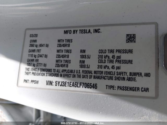 5YJ3E1EA6LF706546 Tesla Model 3 Standard Range