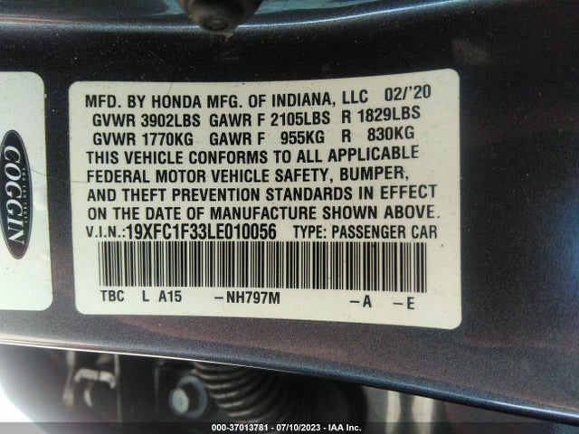 2020 HONDA CIVIC SEDAN EX VIN: 19XFC1F33LE010056