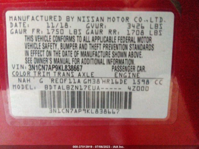 3N1CN7AP9KL838667 Nissan Versa Sedan Sv