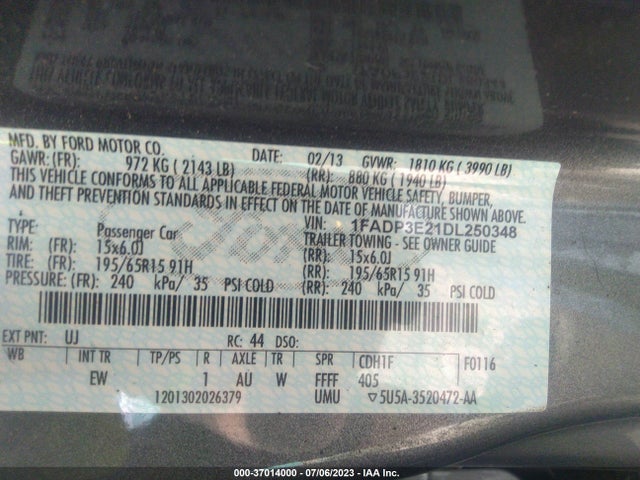 2013 FORD FOCUS S VIN: 1FADP3E21DL250348