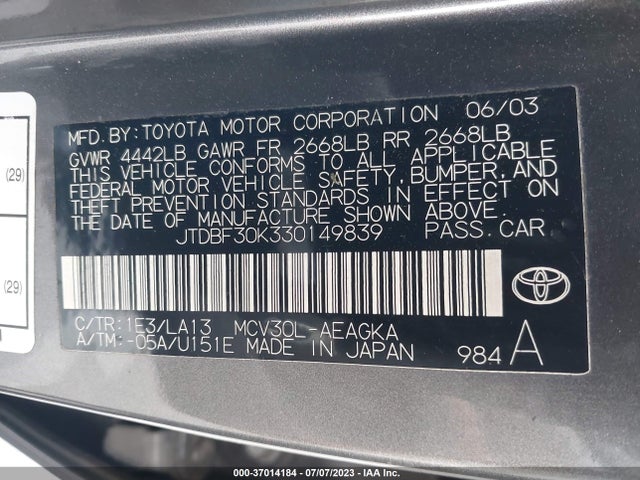 2003 TOYOTA CAMRY LE/SE/XLE VIN: JTDBF30K330149839