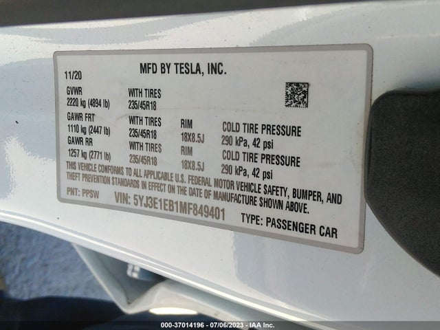 Tesla Model 3 Long Range 2021 5YJ3E1EB1MF849401 Image 17