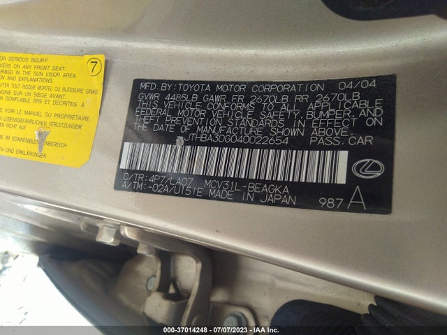 2004 LEXUS ES 330 VIN: JTHBA30G040022654