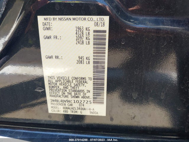 Nissan Altima 2.5 Sv 2019 1N4BL4DV9KC102725 Image 9