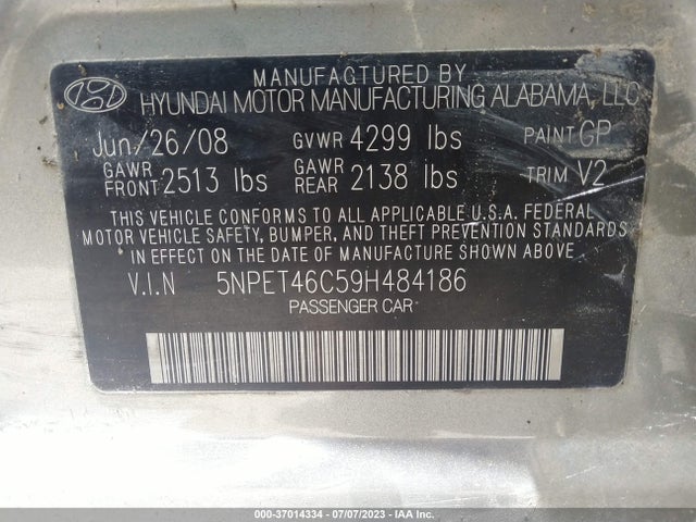 2009 HYUNDAI SONATA GLS VIN: 5NPET46C59H484186