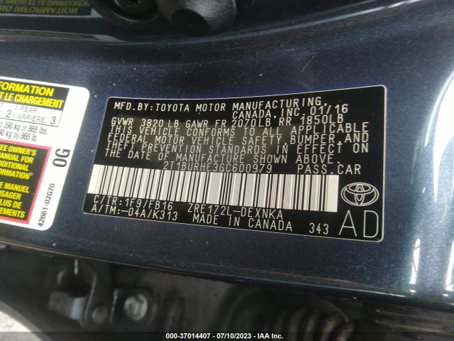 2016 TOYOTA COROLLA L/LE/S/S PLUS/LE PLUS VIN: 2T1BURHE3GC600979