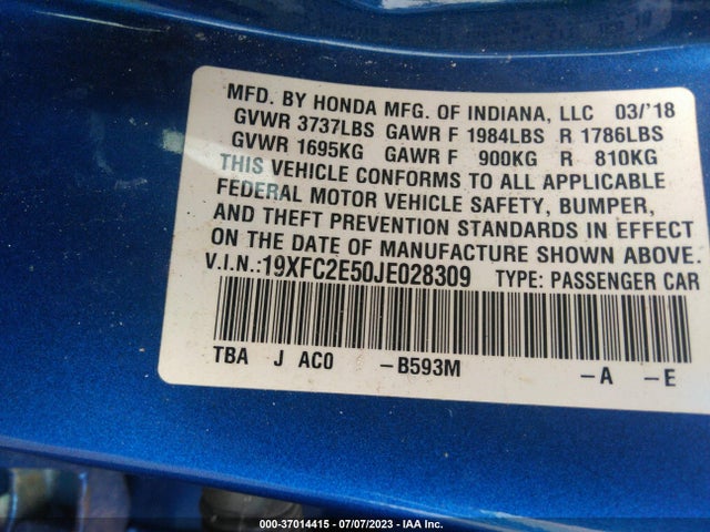 Honda Civic Sedan Lx 2018 19XFC2E50JE028309 Image 9