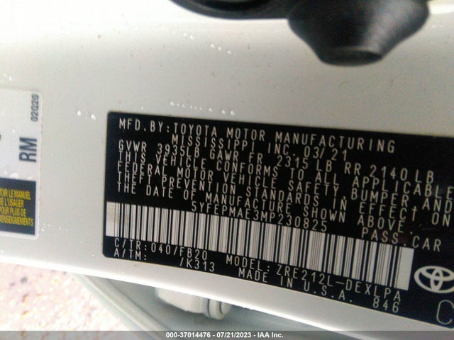 2021 TOYOTA COROLLA LE VIN: 5YFEPMAE3MP230825