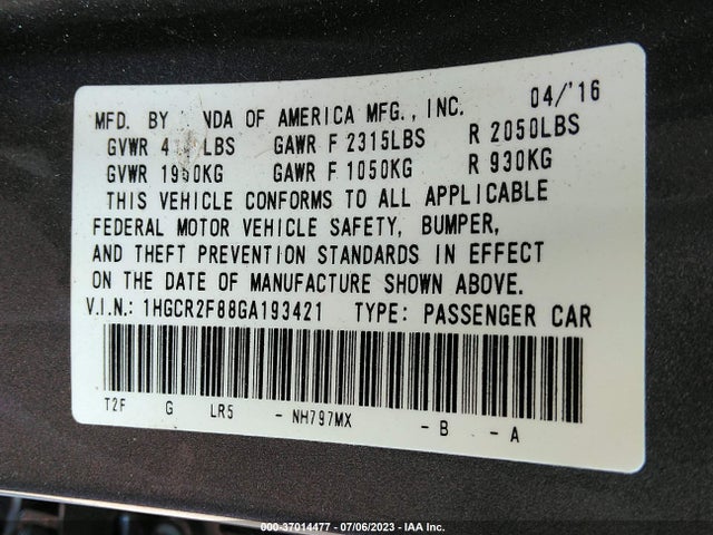 Honda Accord Ex-l 2016 1HGCR2F88GA193421 Image 9