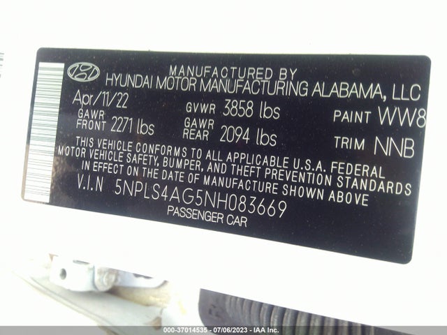 2022 HYUNDAI ELANTRA SEL VIN: 5NPLS4AG5NH083669