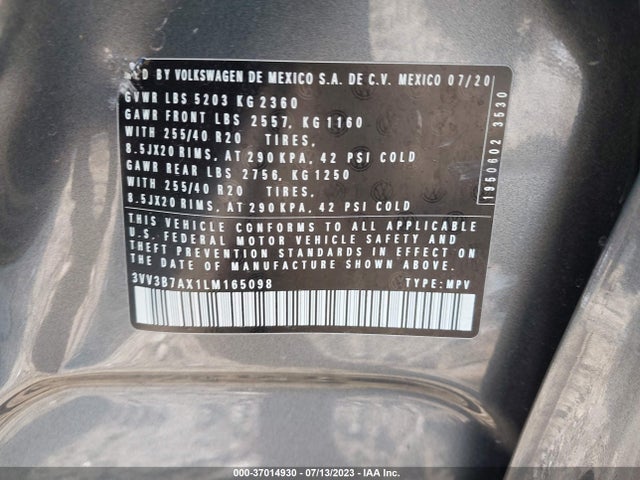 3VV3B7AX1LM165098 Volkswagen Tiguan 2.0t Se R-line Black/2.0t Sel/2.0t Se