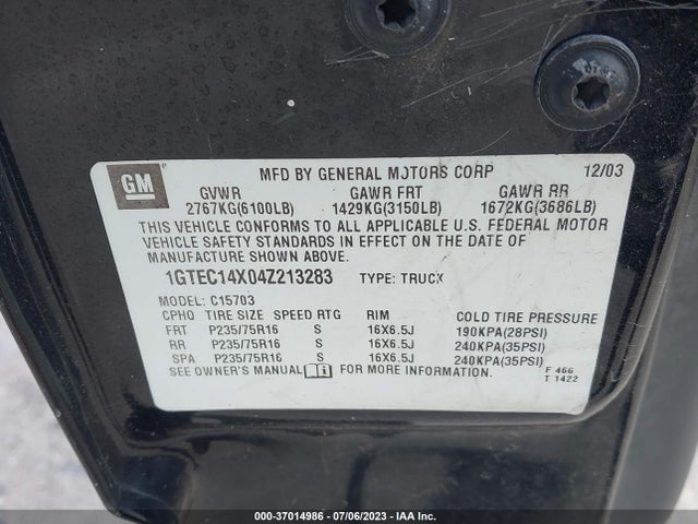 2004 GMC SIERRA 1500 WORK TRUCK VIN: 1GTEC14X04Z213283