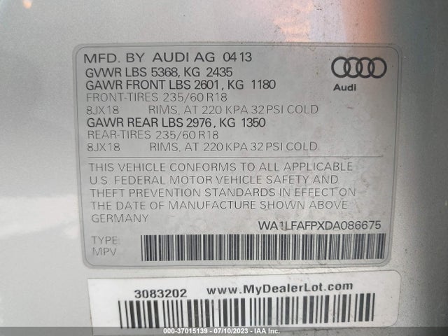 2013 AUDI Q5 PREMIUM PLUS VIN: WA1LFAFPXDA086675