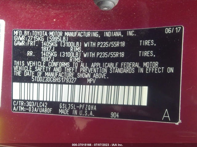 Toyota SIENNA XLE 2017 5TDDZ3DC6HS179327 Image 16