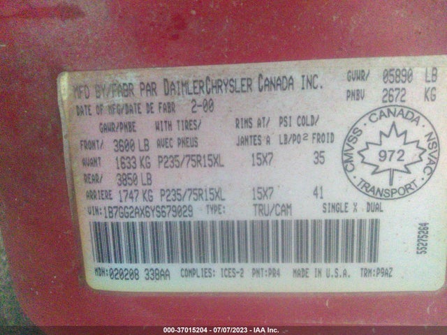 2000 DODGE DAKOTA SPORT/SLT VIN: 1B7GG2AX6YS679029
