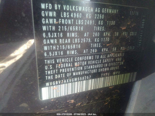 WVGBV7AX6GW558257 Volkswagen TIGUAN S