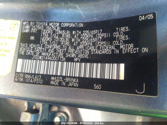2006 TOYOTA HIGHLANDER HYBRID LTD VIN: JTEDW21A960001736