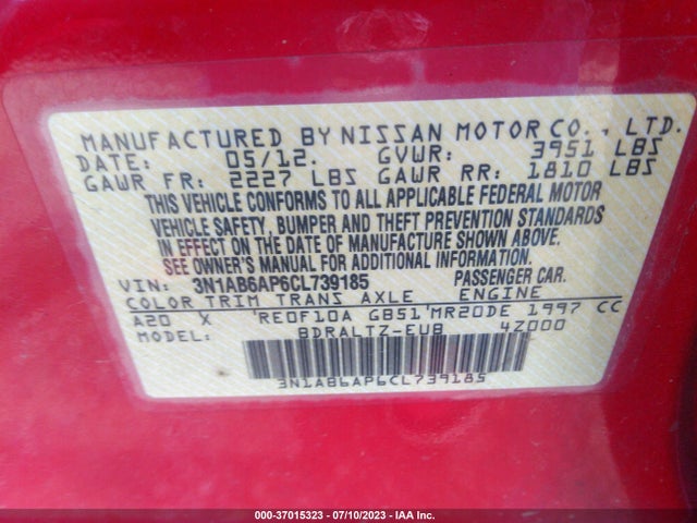 2012 NISSAN SENTRA 2.0 SR VIN: 3N1AB6AP6CL739185
