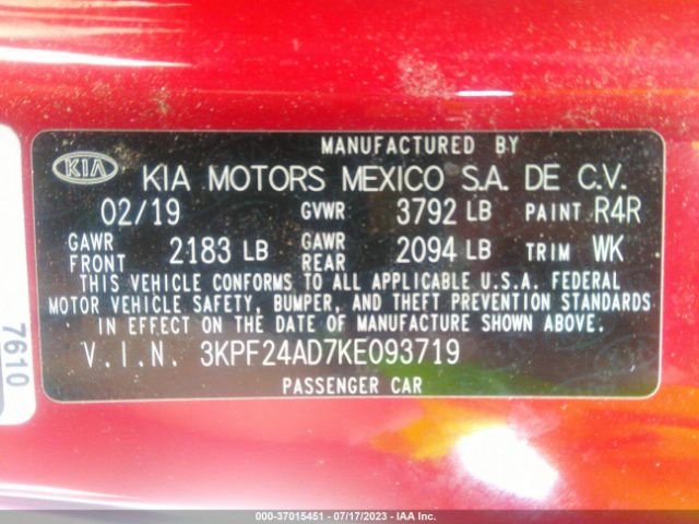 3KPF24AD7KE093719 KIA Forte Lxs