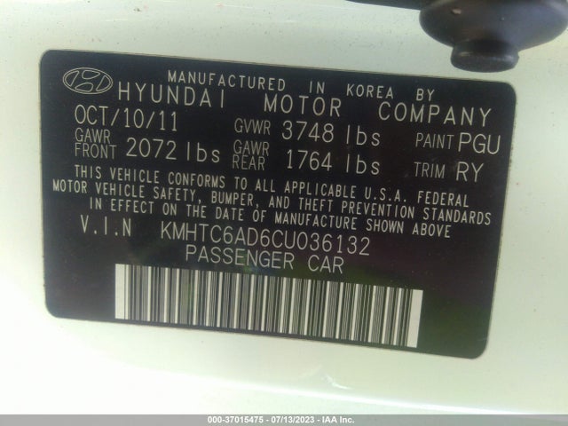 2012 HYUNDAI VELOSTER W/GRAY INT VIN: KMHTC6AD6CU036132