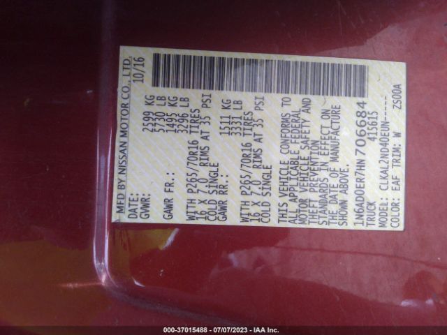1N6AD0ER7HN706684 Nissan Frontier Sv V6