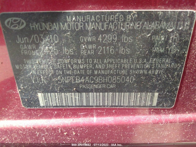 2011 HYUNDAI SONATA GLS VIN: 5NPEB4AC9BH085040