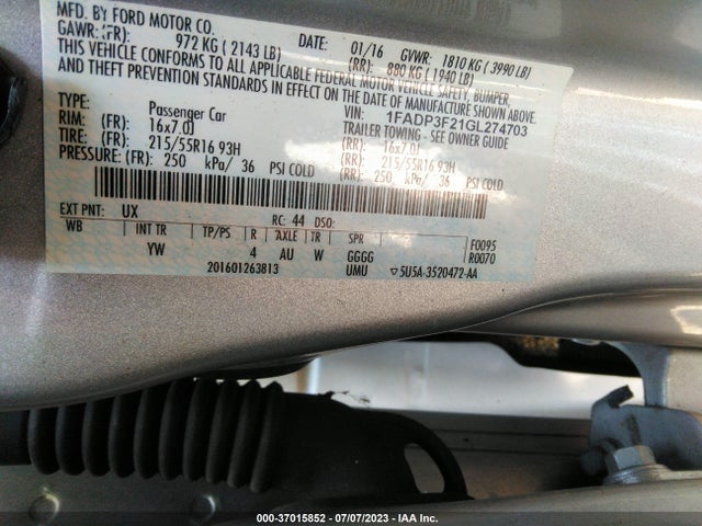 2016 FORD FOCUS SE VIN: 1FADP3F21GL274703