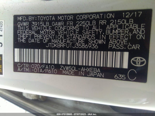 Toyota Prius Two/two Eco/three 2018 JTDKBRFU1J3586936 Image 15