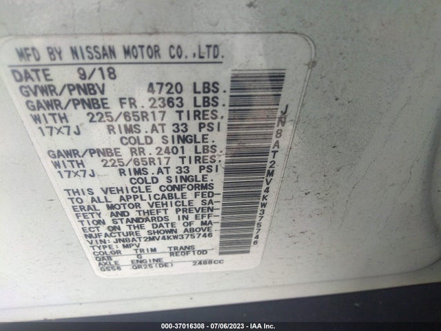 2019 NISSAN ROGUE SV VIN: JN8AT2MV4KW375746