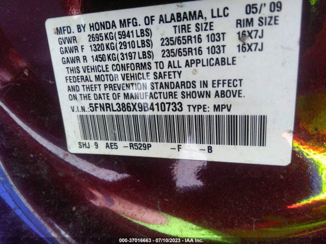 2009 HONDA ODYSSEY EX-L VIN: 5FNRL386X9B410733