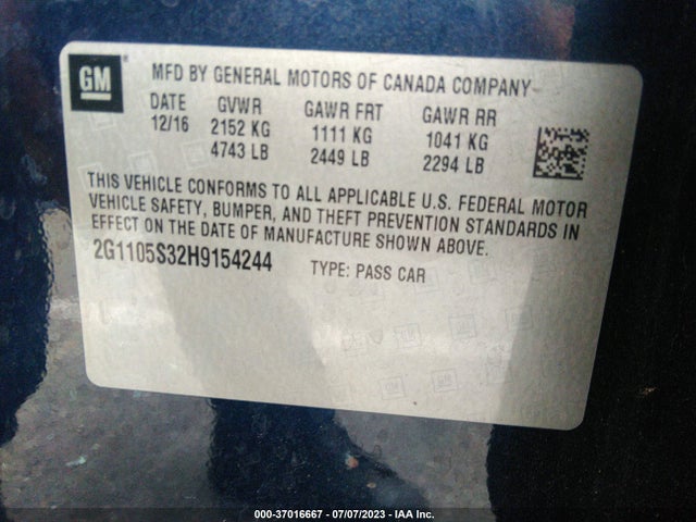 Chevrolet IMPALA LT 2017 2G1105S32H9154244 Image 9