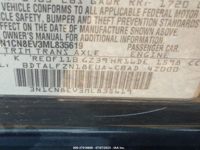 3N1CN8EV3ML835619 Nissan VERSA SV