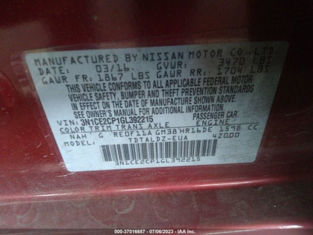 3N1CE2CP1GL392215 Nissan Versa Note S/s Plus/sv/sr/sl
