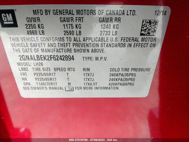 Chevrolet EQUINOX LT 2015 2GNALBEK2F6242894 Image 10