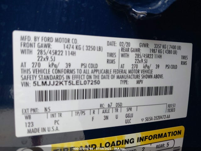 2020 LINCOLN NAVIGATOR RESERVE VIN: 5LMJJ2KT5LEL07250