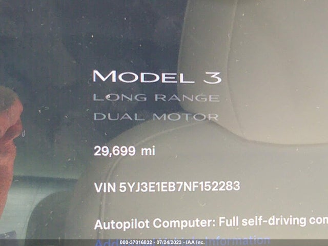 2022 TESLA MODEL 3 LONG RANGE VIN: 5YJ3E1EB7NF152283
