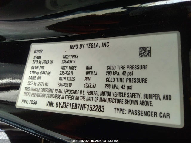 2022 TESLA MODEL 3 LONG RANGE VIN: 5YJ3E1EB7NF152283