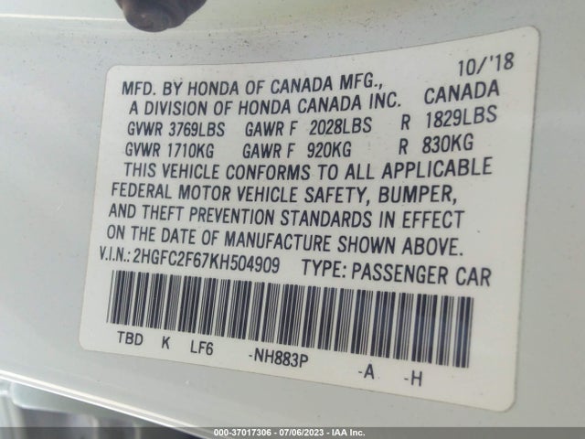 Honda Civic Sedan Lx 2019 2HGFC2F67KH504909 Image 9