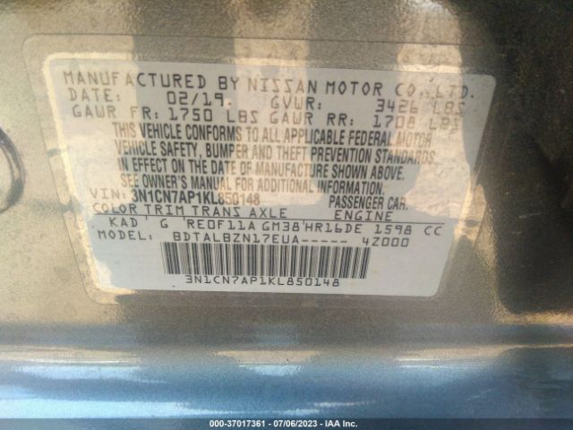 3N1CN7AP1KL850148 Nissan Versa Sedan Sv