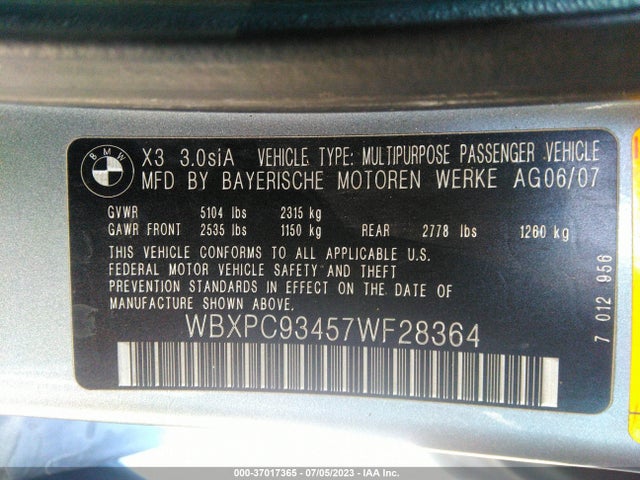 2007 BMW X3 3.0SI VIN: WBXPC93457WF28364
