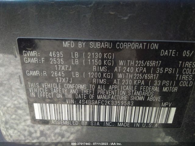 4S4BSAFC2K3359583 Subaru Outback Premium
