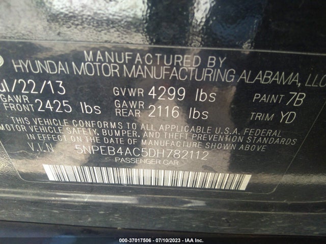 2013 HYUNDAI SONATA GLS PZEV VIN: 5NPEB4AC5DH782112