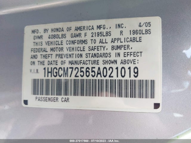 2005 HONDA ACCORD CPE LX SE VIN: 1HGCM72565A021019