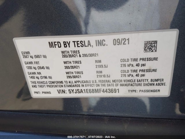 Tesla Model S Plaid 2021 5YJSA1E68MF443691 Image 9