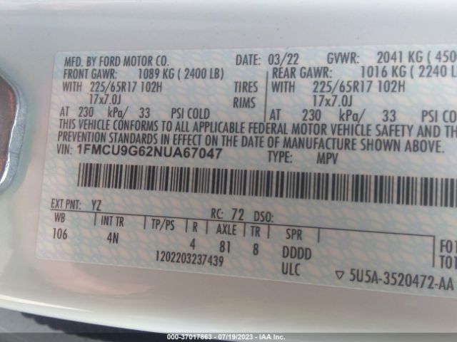 1FMCU9G62NUA67047 Ford ESCAPE SE